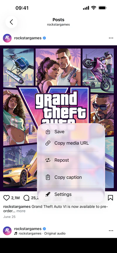 Rocket for Instagram post action menu screenshot