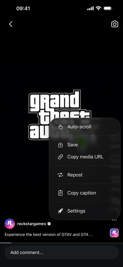Rocket for Instagram reels action menu screenshot
