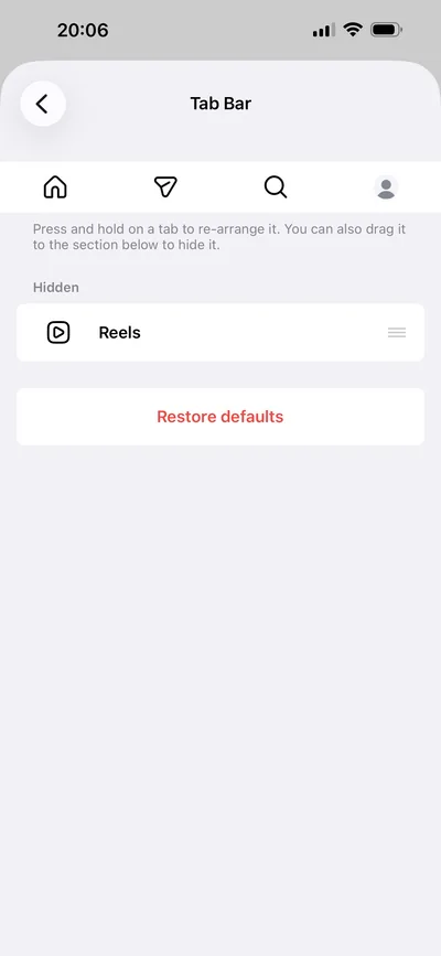 Rocket for Instagram tab bar settings screenshot